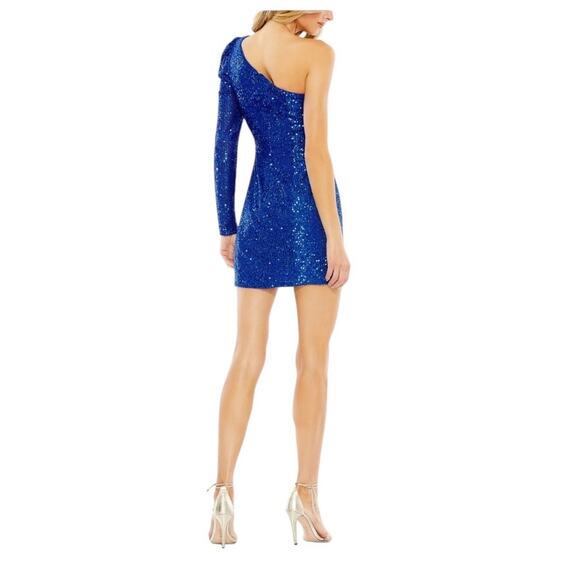Mac Duggal Size 10 New 26946 Blue Sequined One-Shoulder Mini Cocktail Dress - Picture 3 of 6